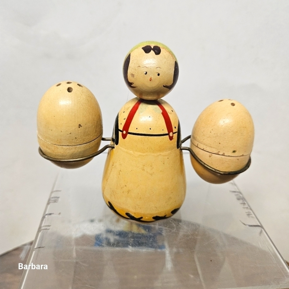 Vintage Antique Handmade Wood Farm Girl with Eggs Salt & Pepper Shakers